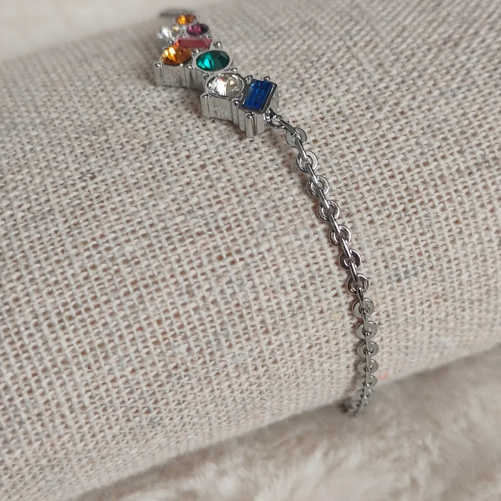Chain Bracelet Multi Color‎ Gemstone Silver Tone Cluster Adjustable Lobster Claw